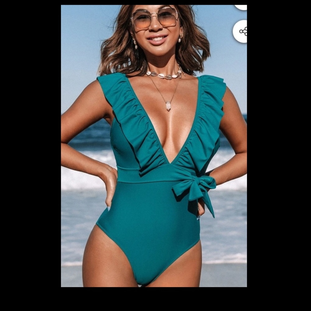 Cupshe  Teal Ruffle Drawstring One Piece Swimsuit